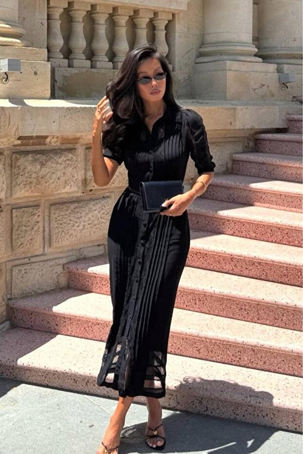 Dantel Detaylı Astarlı Tasarım Elbise - 1