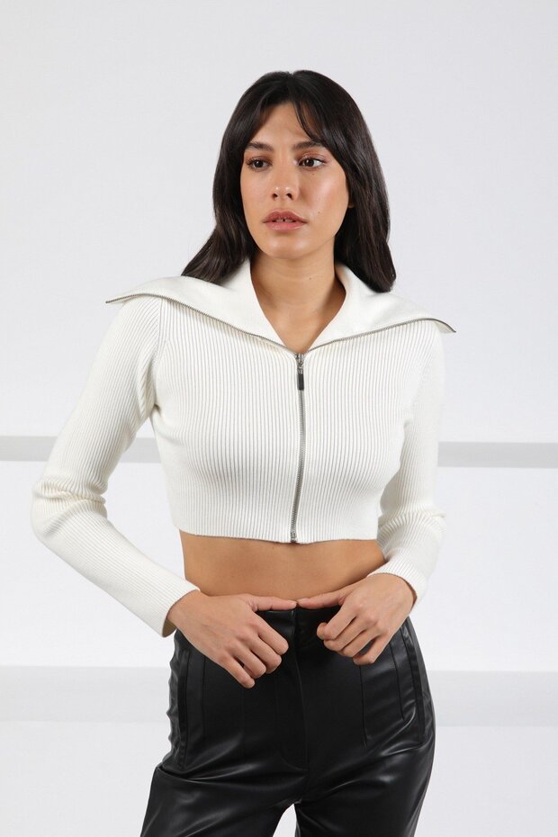 Ecru Zippered Viscose Corded Fabric Cropped Women's Knitwear Cardigan