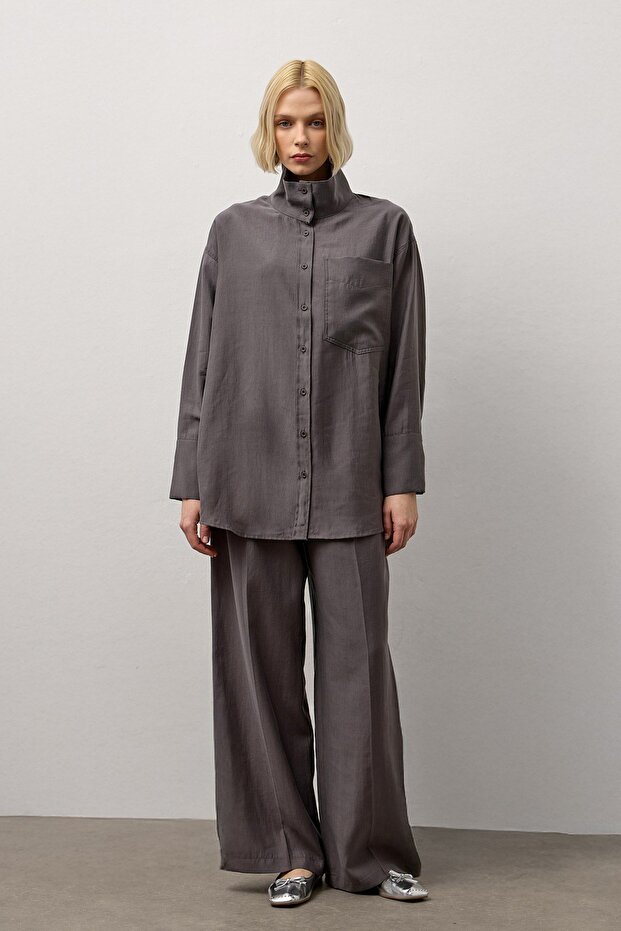 Gri Tek Cepli Oversize Gömlek - 2