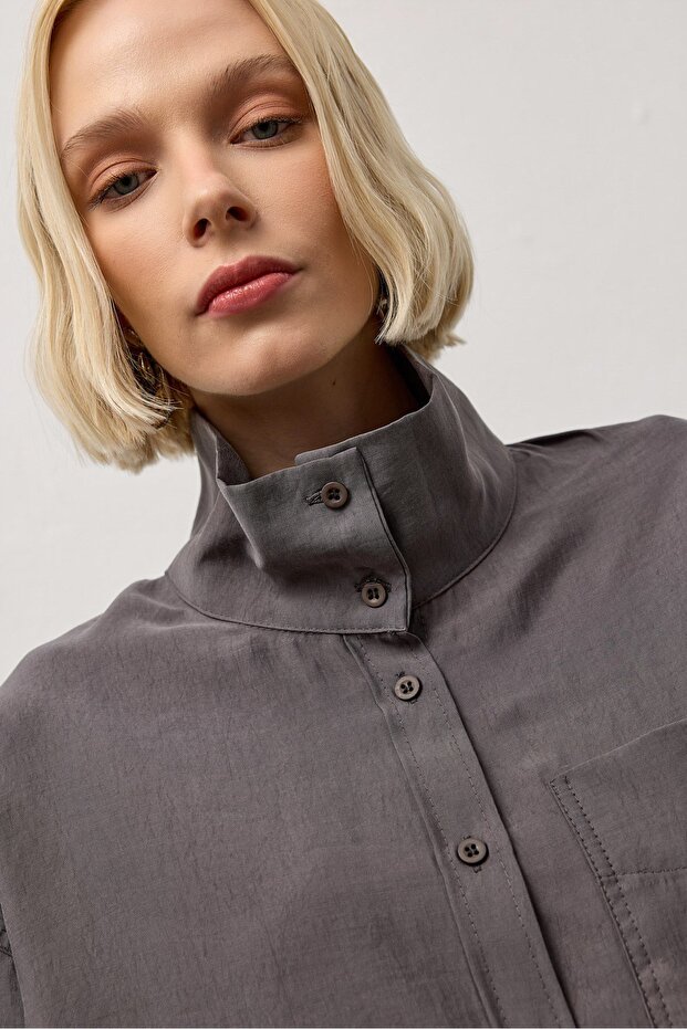 Gri Tek Cepli Oversize Gömlek - 4