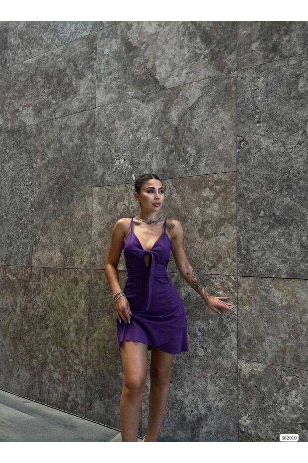 Purple Plunging Neckline Bow Detail Spaghetti Strap Mini Dress 58739