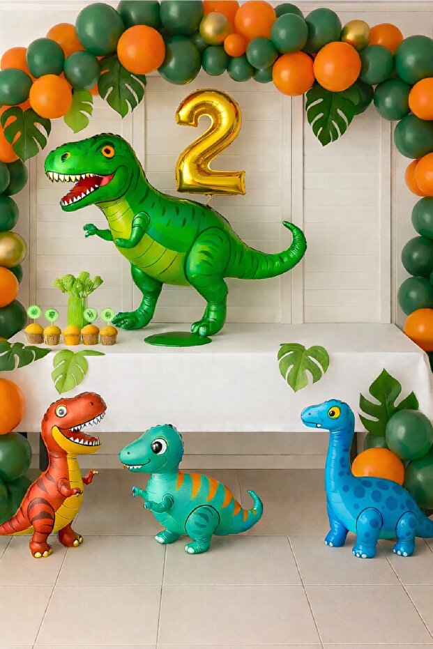 🦖 Dinosaur Jungle Themed Gold Numbered Birthday Concept Party Set Decoration 4 Foil Dinosaurs