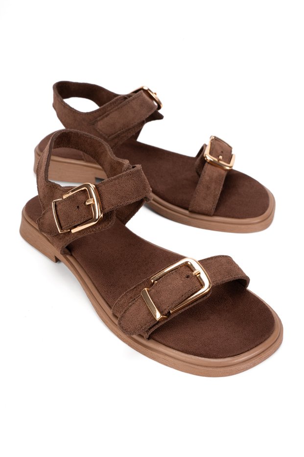 Women's Suede Buckle Detail Straps Sandals 6346 Brown Suede