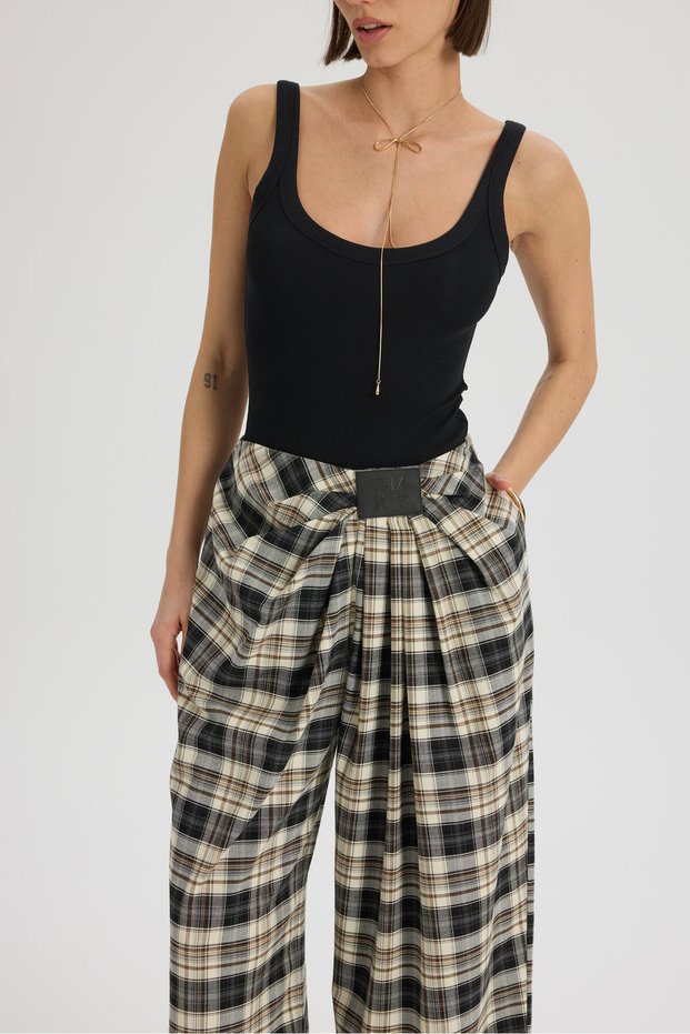 Corvin Pile Detailed Drapey Black Plaid Trousers