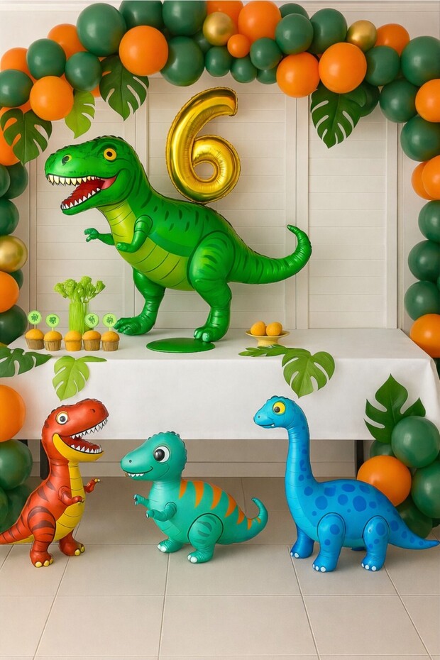🦖 Dinosaur Jungle Themed Gold Numbered Birthday Concept Party Set Decoration 4 Foil Dinosaurs