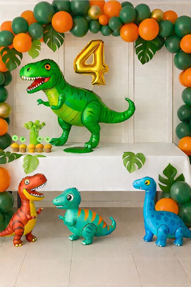 🦖 Dinosaur Jungle Themed Gold Numbered Birthday Concept Party Set Decoration 4 Foil Dinosaurs
