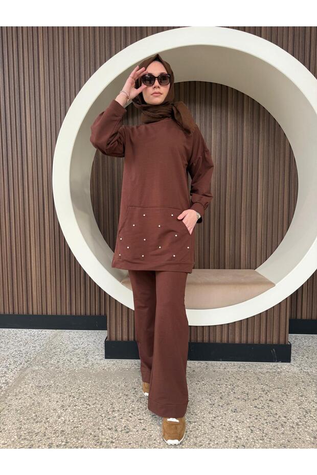Brown Top and Bottom Two-Piece Hijab Tracksuit Set
