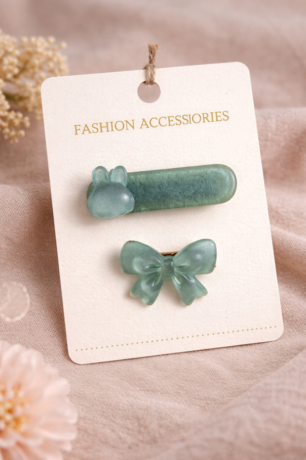 Set of 2 Pen Clips with Green and Purple Rabbit and Bow Figures