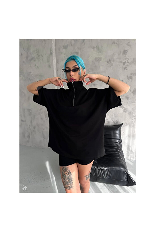 تي شيرت أساسي بسحاب نصف كلي - أسود - - 2