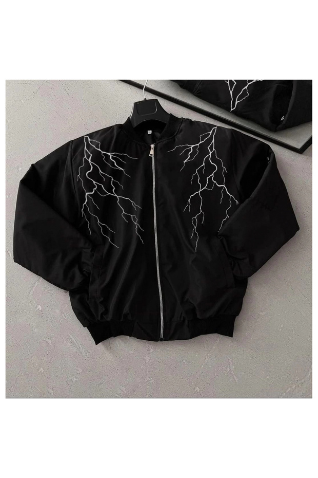 جاكيت بومبر أسود - بنمط البرق الأبيض - - 2