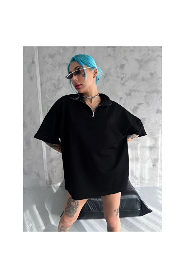 تي شيرت أساسي بسحاب نصف كلي - أسود - - 1