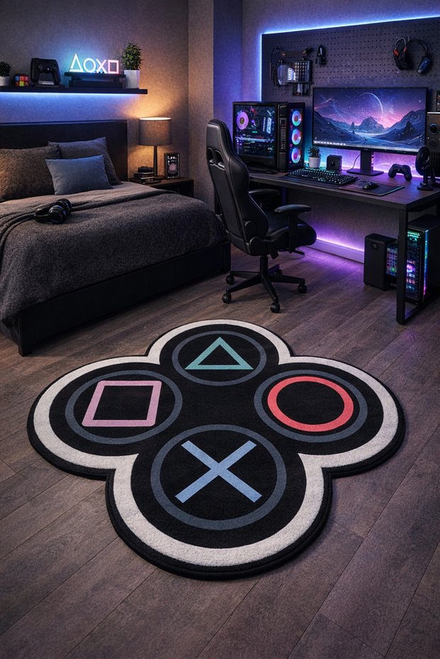 Non-Slip Sole Playstation Xbox Themed Machine with Washable Gamer Youth Rooms Rug 140X140