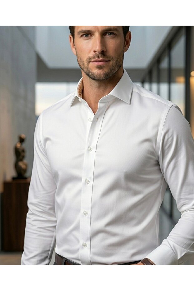 San Lucien Men's Slim Fit White Iron-Free 100% Pam Cotton N Iron