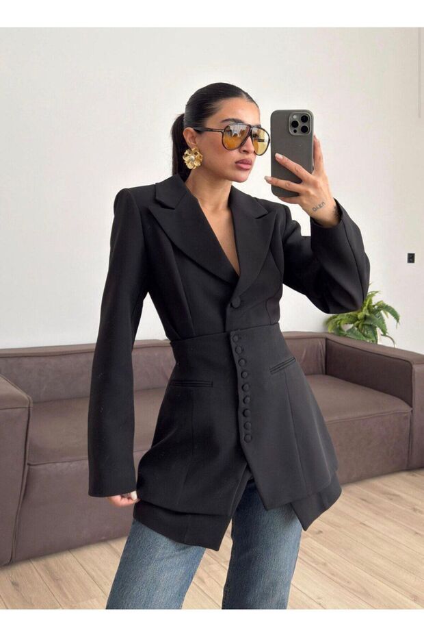 Double Piece Tie-Detail Button Corset Design Fitted Waist Design Equivalent Series Stylish Blazer Jacket
