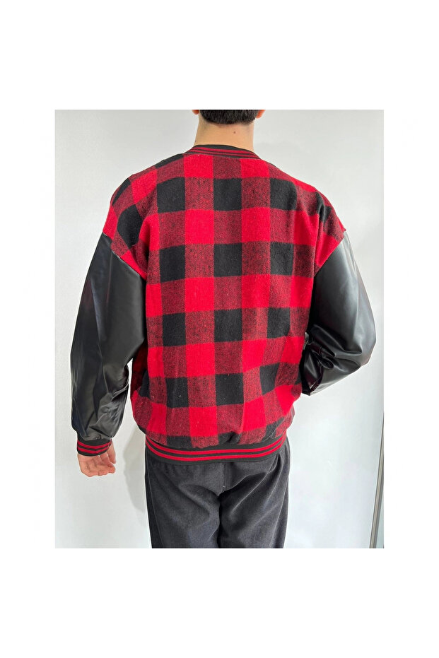   Gingham Pattern Embroidered College Jacket - Red - 2