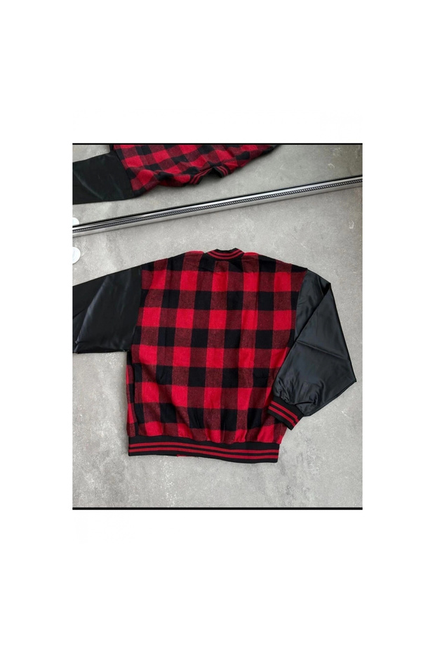   Gingham Pattern Embroidered College Jacket - Red - 4