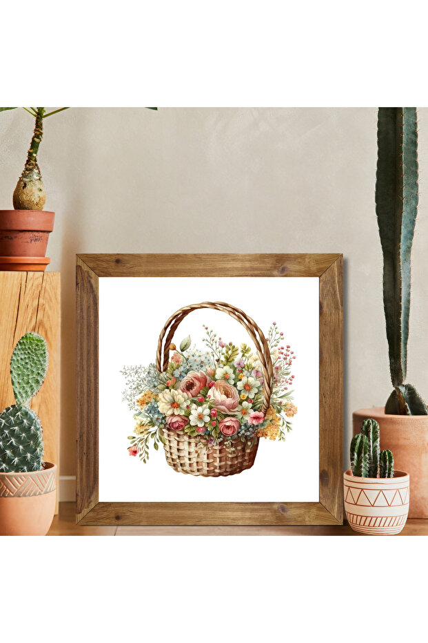 One Piece Real Wood Framed Kitchen Decor Painting Flowers in Basket