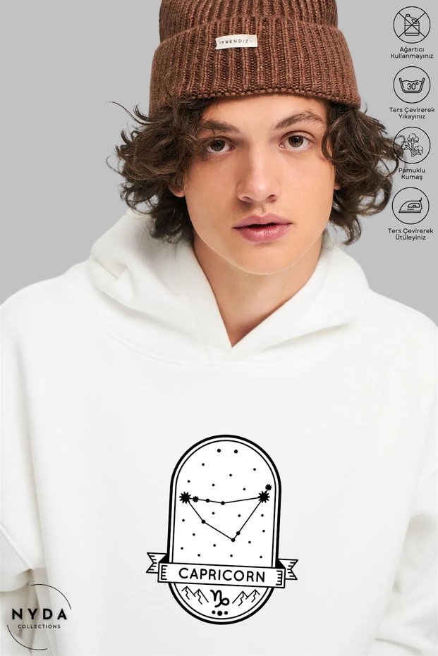 Unisex Hoodie Capricorn Capricorn Printed Hooded Brushed Inside Oversized 100% Cotton Combed Cotton Sweatshirt