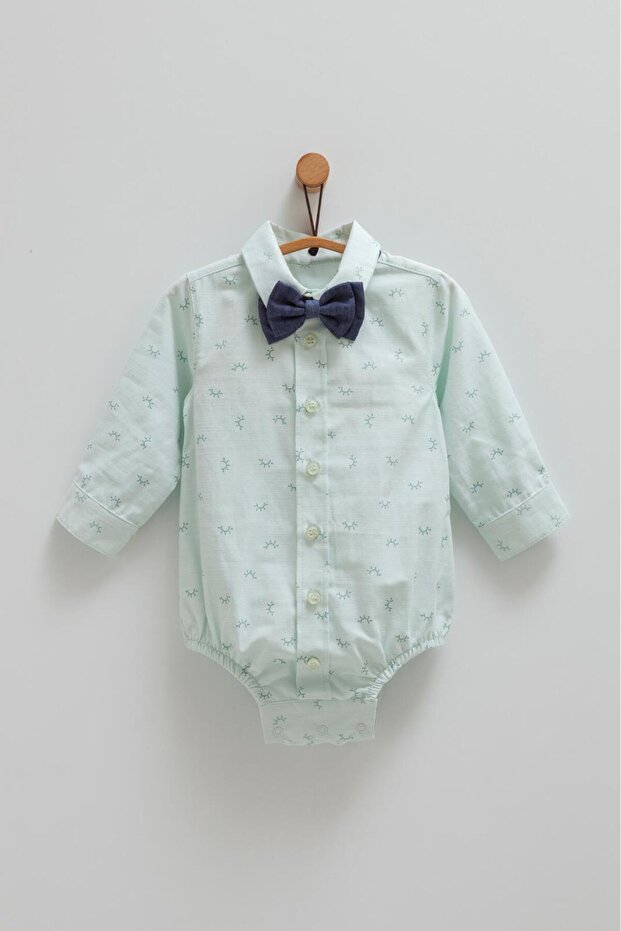 Baby Shirt with Bottom Fasteners and Bow Tie (Removable Bow Tie) Green Color
