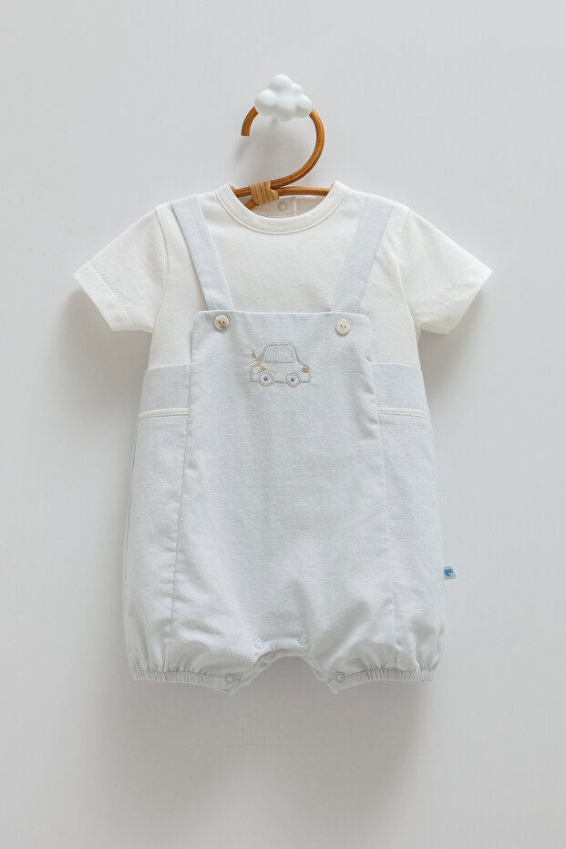 Baby Boy Romper with Car Embroidery 70% Cotton 30% Linen Salopet Look Summer Romper