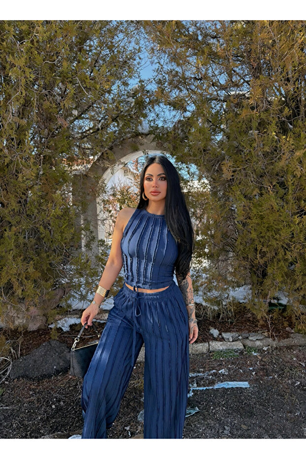 Navy Blue Halter Reverse Stitched Double Set