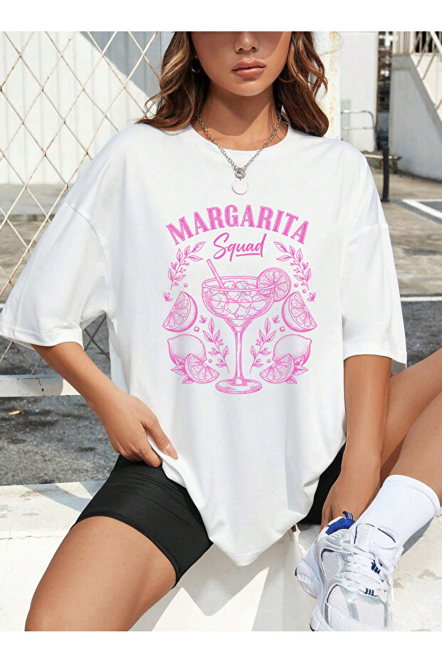 Margarita Printed Crew Neck Oversized Short Sleeve Women's White Tshirt
