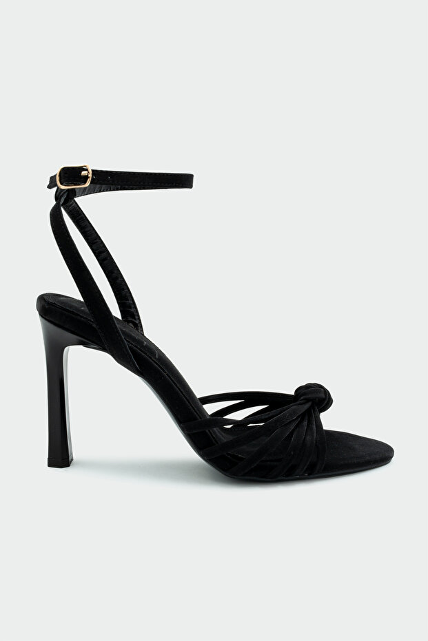 Waster Knot Detailed Black Women's Heeled Shoes