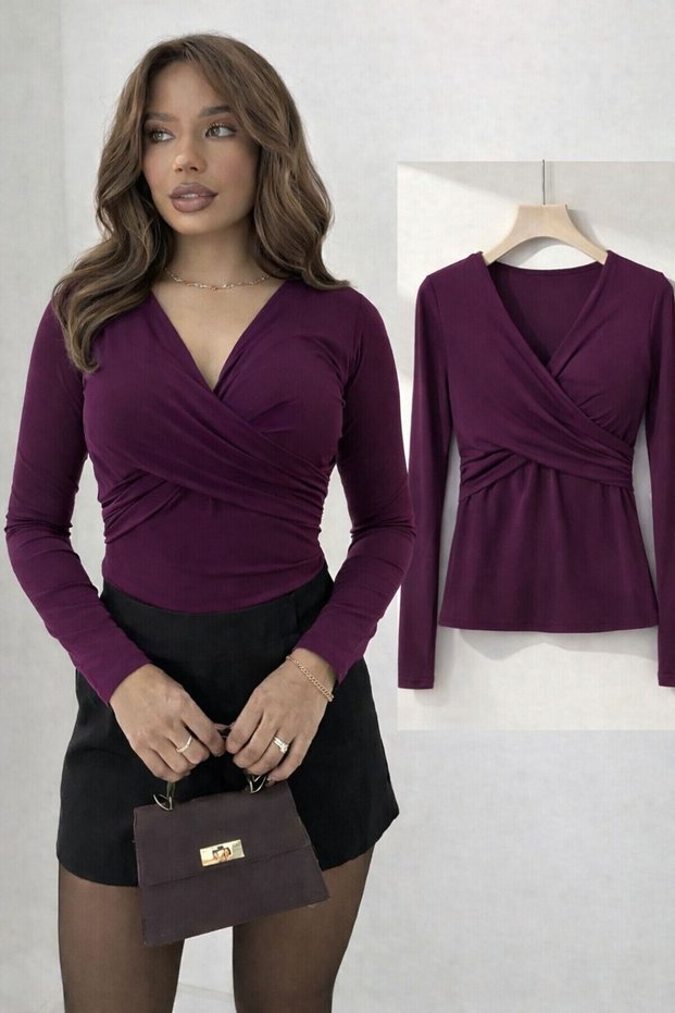 New Product Women's Plum Front Cross Detail V-Neck Sandy Fabric Long Sleeve Blouse 02