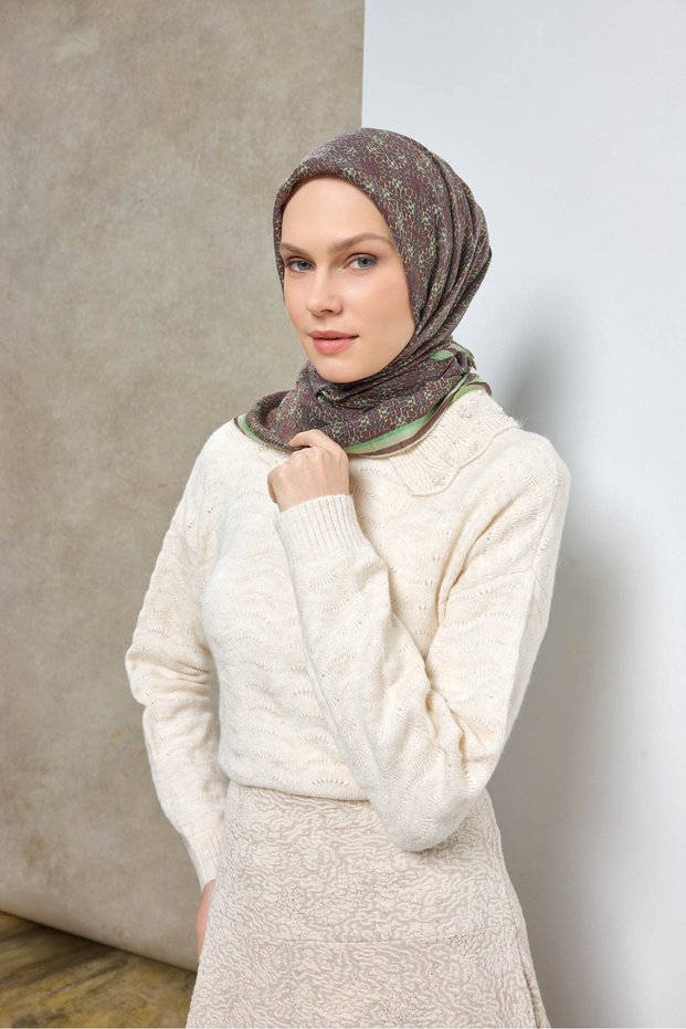 Women's Coffee Green Ethnic Pattern Lyocell Monare Scarf 171001-08