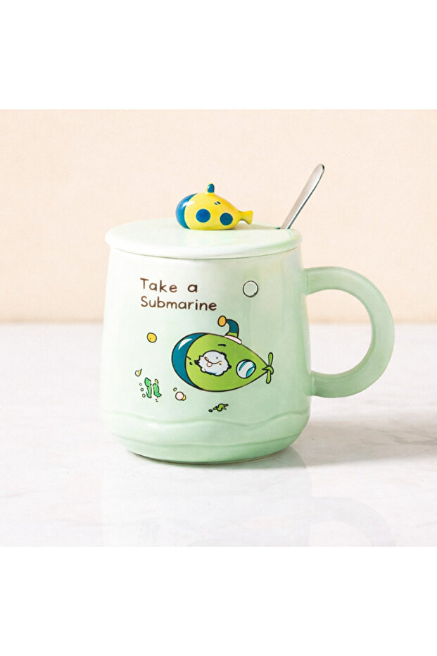 500 ml Ceramic Mug with Submarine Design Lid – Cute Submarine Mug with Spoon
