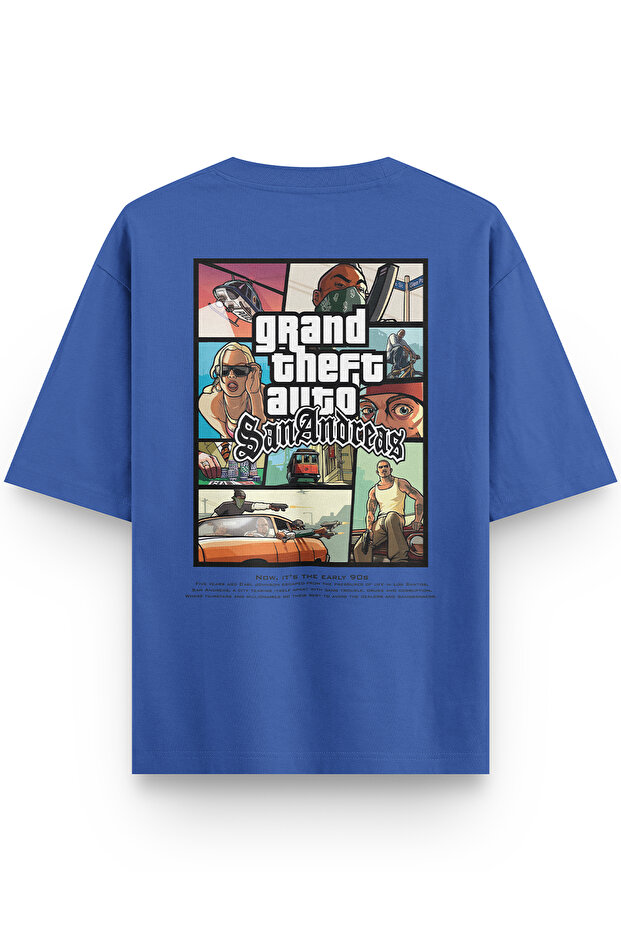 تي شيرت Gta San Andreas Back مطبوع باللون الأزرق مقاس كبير جدًا 1364