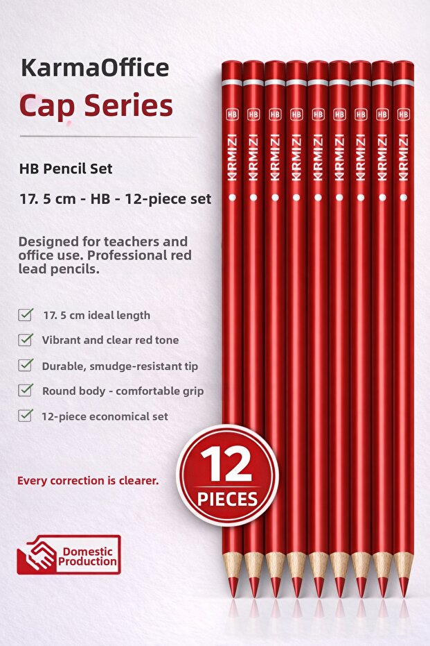 Red Cap Pencil Hb 17.5 cm 12 Pieces – Teacher's Correction Pencil – Domestic Production