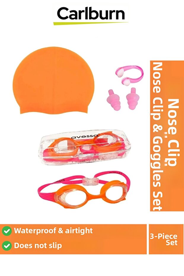 Kids Set of 3 - Waterproof Silicone Pool Sea Bonnet Cap with Swimming Goggles and Elastic Nose Plug