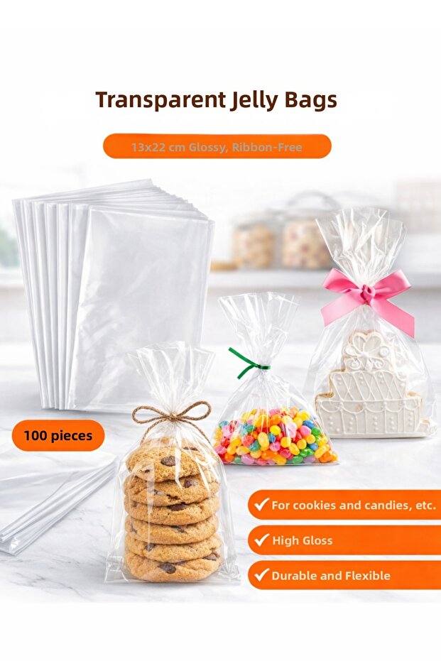 13*22 cm Shiny Tapeless Gelatin Cookie and Candy Bag Transparent 100 Pieces