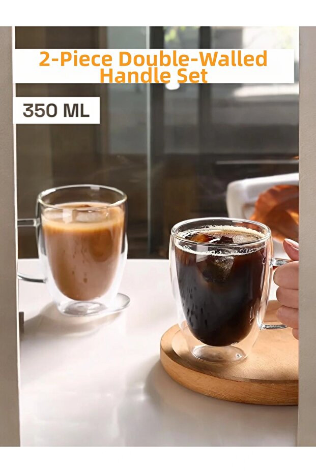 2 Pieces Double Walled Heat Resistant Tea Coffee Cup with Borosilicate Handle