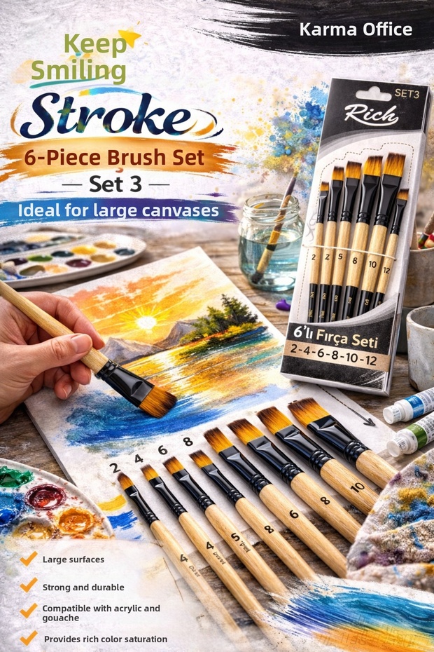 6-Piece Stroke Brush Set (Set 3) – Side Cut, Flat Cut, Detail Brush | Acrylic &Gouache Compatible Professional Set