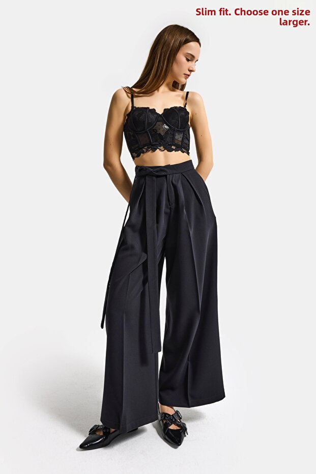 Women's Black W5 Palazzo Fit Special Fabric Belt Detail Design Trousers