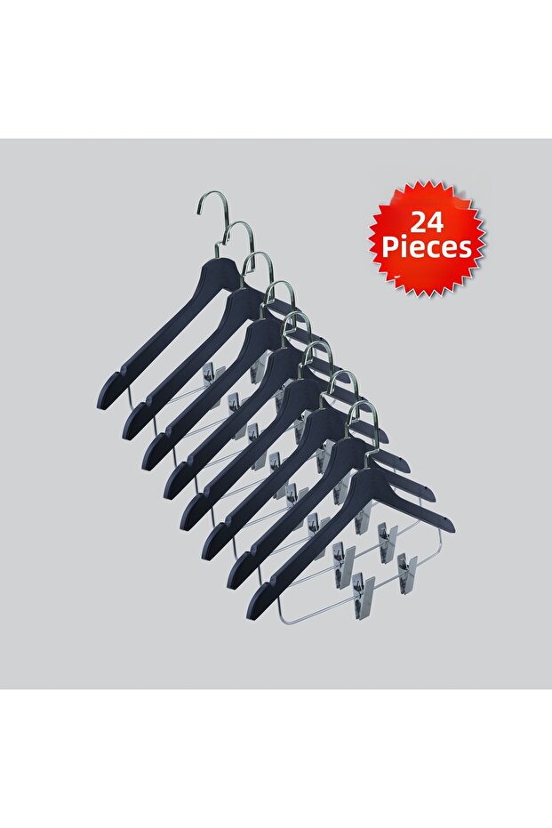 Wooden (Lama Silver Hook) Latch Shirt and Skirt Hanger Black Color 24 Pieces