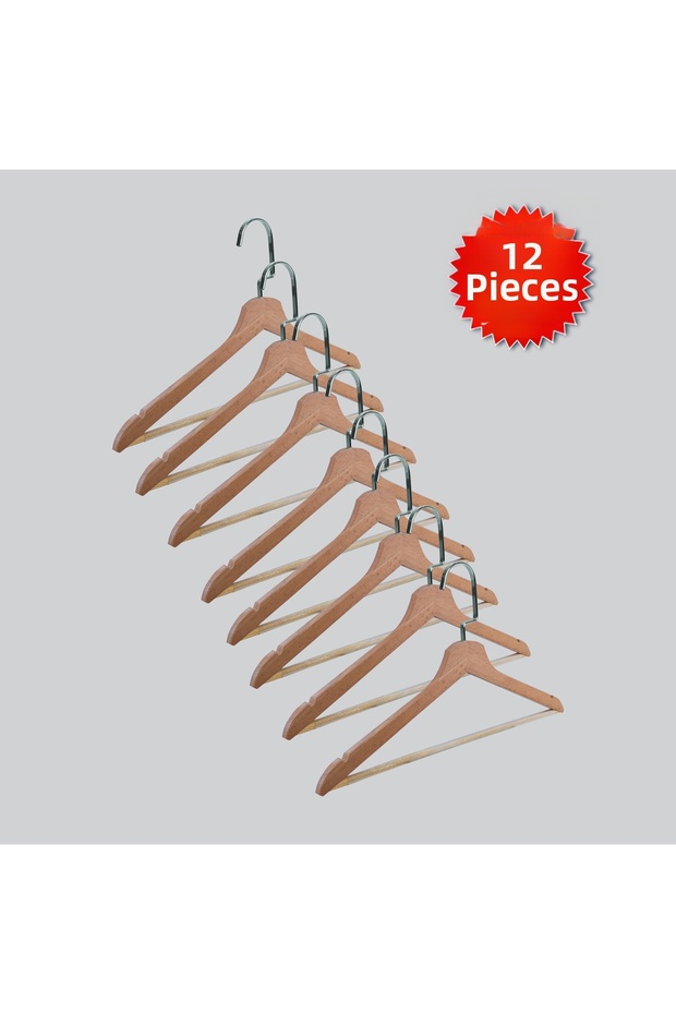 Wooden (Lama Silver Hook) Bar Hangers for Shirts and Trousers, Natural Color, 12 Pieces