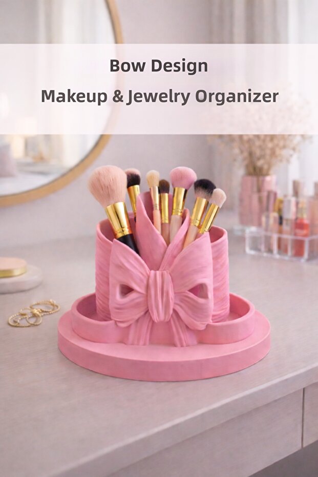 Ribbon Detailed Makeup Organizer, Brush and Lipstick Organizer Decorative Stand 14 X 11 cm