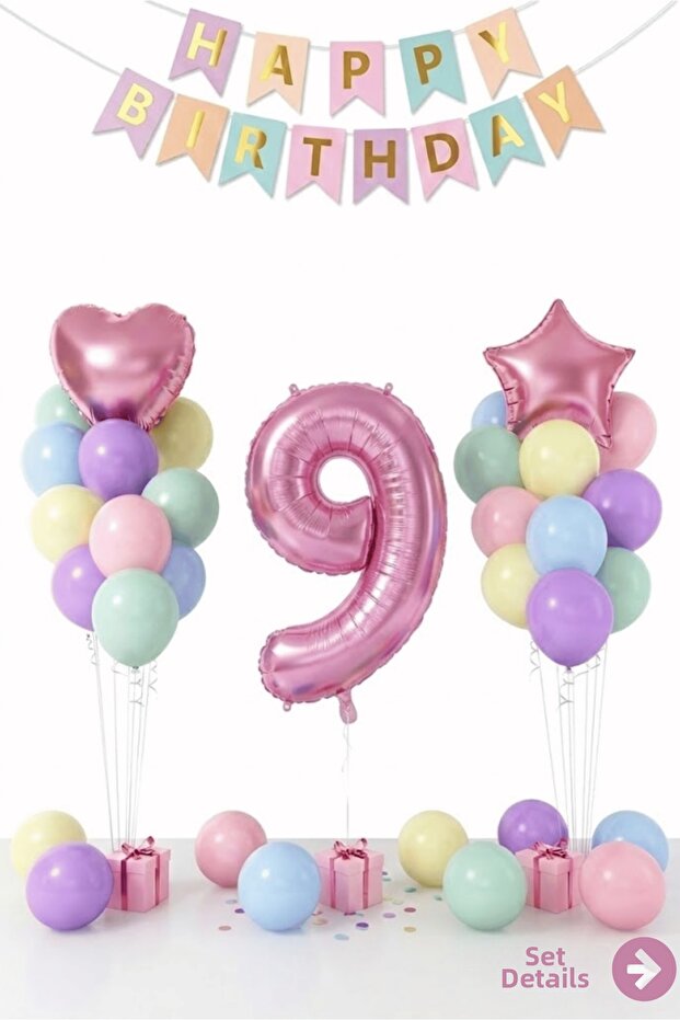 Macaron 9 Year Old Birthday Balloon Set Happy Birthday Party Decorations