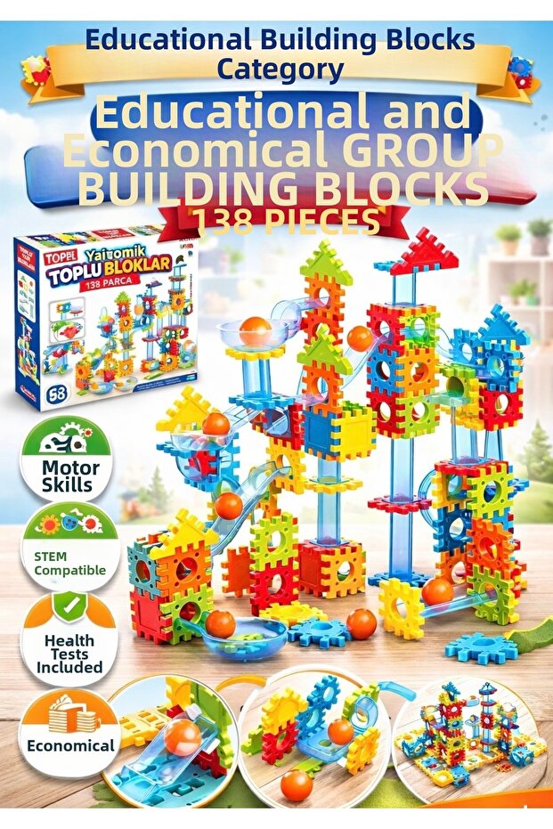 Educational and Economical Bulk Building Blocks 138 Pieces – Stem Toy, Motor Skills Development, Ages 3+