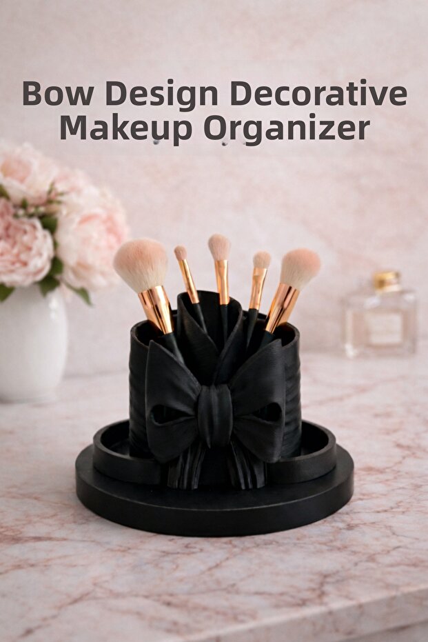 Ribbon Detailed Makeup Organizer, Brush and Lipstick Organizer Decorative Stand 14 X 11 cm