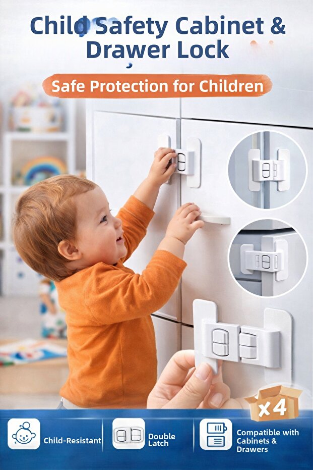 Child Safety Cabinet and Drawer Lock 4 Pieces – Baby Protection Lock with Latch