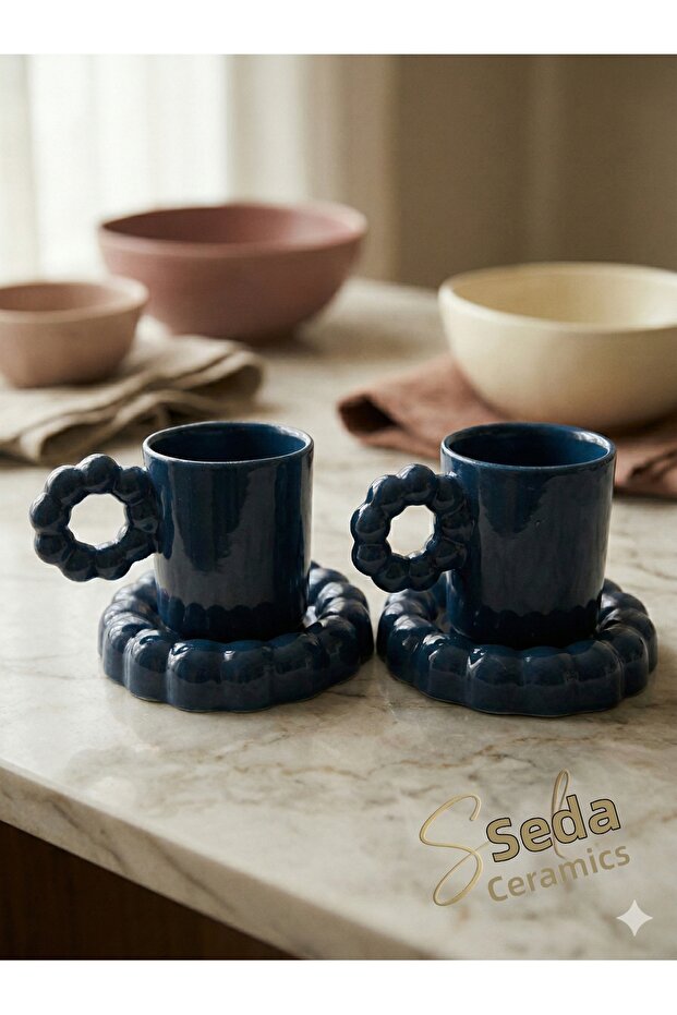 Handmade (Petrol Green) Bubble Double Espresso, 4-Piece Coffee Cup Set for 2 Persons 140 Ml.