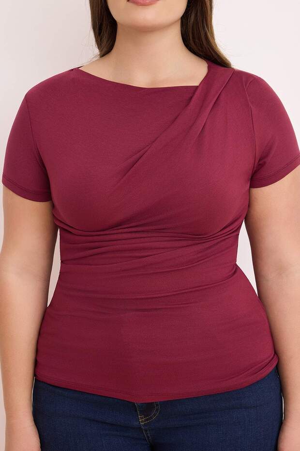 Bordo Büzgü/Drape Detaylı Fitted/Vücuda Oturan Örme Büyük Beden Bluz TBBSS26AF00075 - 3