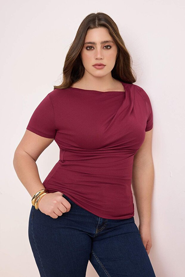 Bordo Büzgü/Drape Detaylı Fitted/Vücuda Oturan Örme Büyük Beden Bluz TBBSS26AF00075 - 2