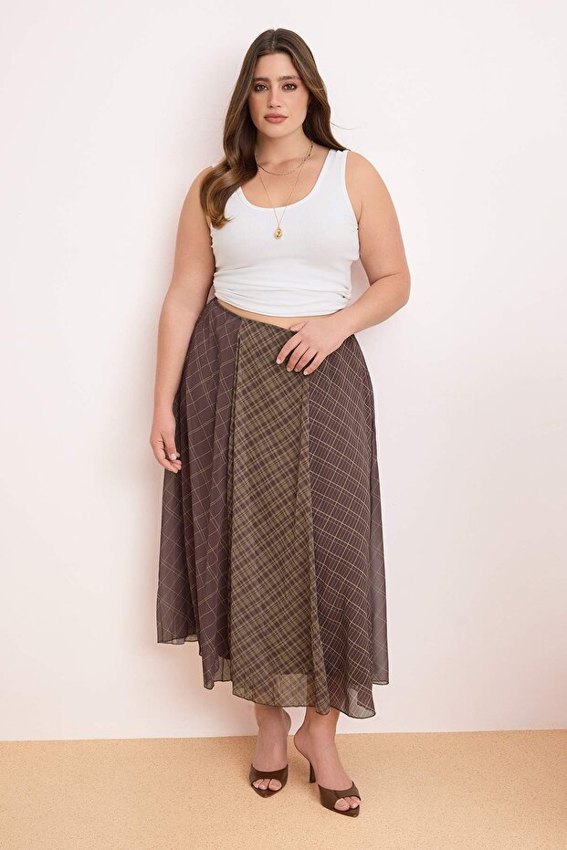 Khaki-Brown Plaid Li Lined Chiffon Wrinkle Effect Maxi Asymmetrical Plus Size Skirt Tbbss26Az00025