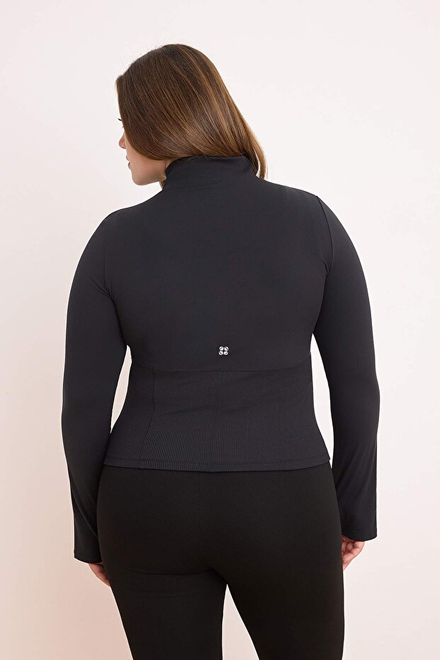 Siyah Fırçalı Soft Kumaş Baş Parmak Delikli Büyük Beden Spor Ceket/Sweatshirt TBBSS26AG00009 - 4