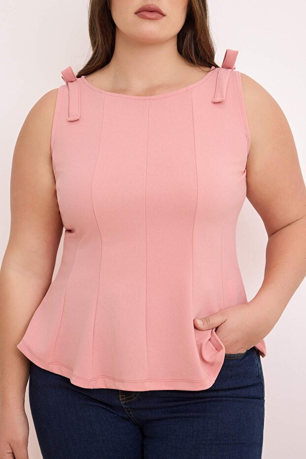 Pembe Sıfır Kol Peplum Belden Oturmalı Omuz Fiyonk Detaylı Örme Bluz TBBSS26AF00078 - 5
